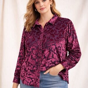 INC Concepts Velvet Burnout Shirt Sz 2X Maroon Pink  Button Whimsygoth EXCELLENT